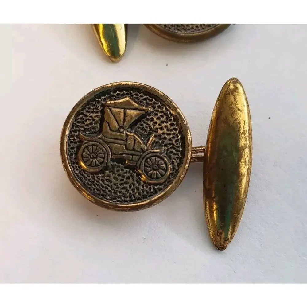 Pair Vintage Cufflinks Gold Tone Unmarked‎ Round Horseless Carriage Antique Cars
